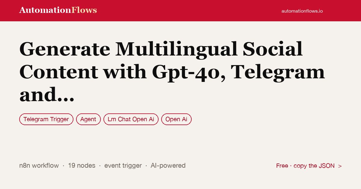 Generate Multilingual Social Content with Gpt-4o, Telegram and Google Sheets — n8n workflow card showing Telegram Trigger, Agent, OpenAI Chat integration