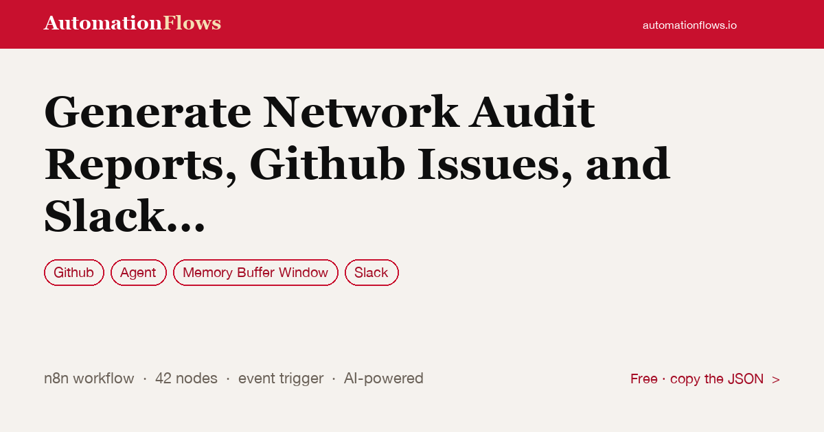 Generate Network Audit Reports, Github Issues, and Slack Alerts with Claude — n8n workflow card showing GitHub, Agent, Memory Buffer Window integration
