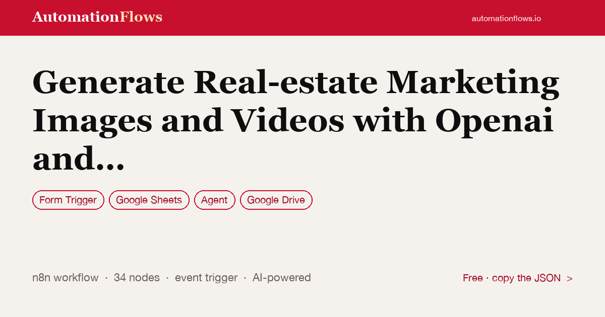 Generate Real-estate Marketing Images and Videos with Openai and Google Drive — n8n workflow card showing Form Trigger, Google Sheets, Agent integration