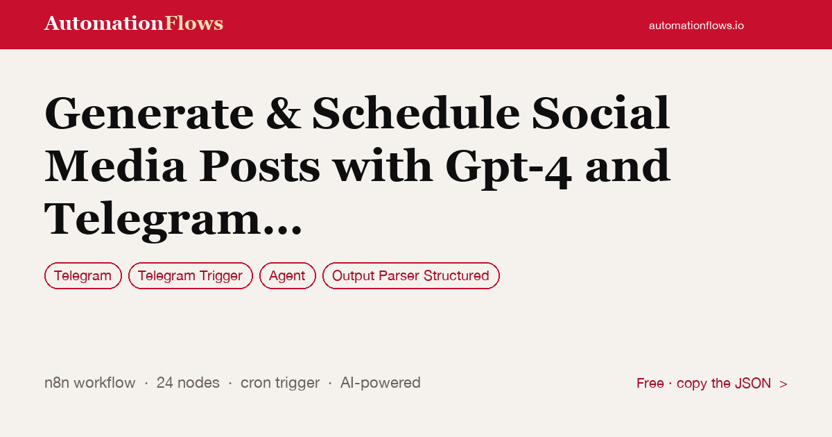 Generate & Schedule Social Media Posts with Gpt-4 and Telegram Approval Workflow — n8n workflow card showing Telegram, Telegram Trigger, Agent integration