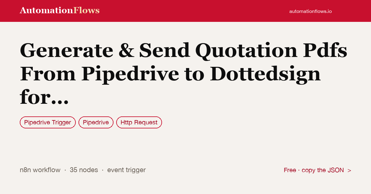 Generate & Send Quotation Pdfs From Pipedrive to Dottedsign for E-signature — n8n workflow card showing Pipedrive Trigger, Pipedrive, HTTP Request integration