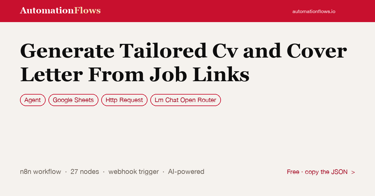 Generate Tailored Cv and Cover Letter From Job Links — n8n workflow card showing Agent, Google Sheets, HTTP Request integration