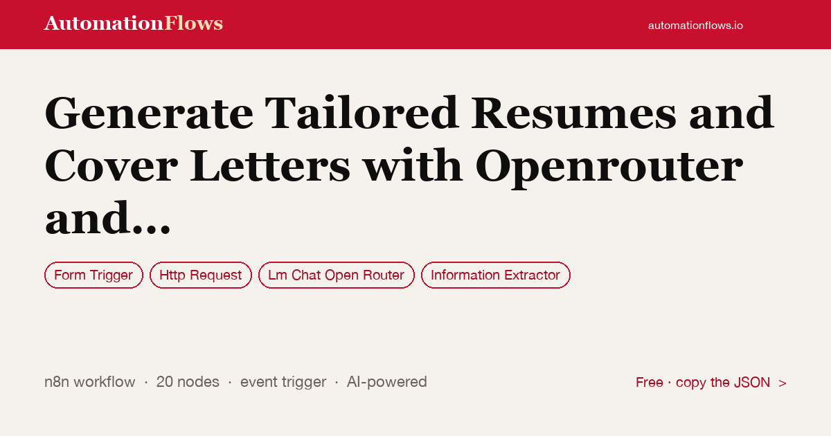 Generate Tailored Resumes and Cover Letters with Openrouter and Google Docs — n8n workflow card showing Form Trigger, HTTP Request, OpenRouter Chat integration