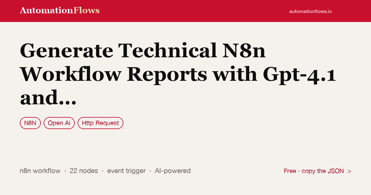 Generate Technical N8n Workflow Reports with Gpt-4.1 and Google Docs — n8n workflow card showing n8n, OpenAI, HTTP Request integration