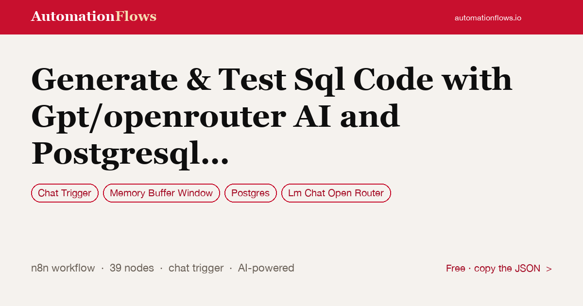 Generate & Test Sql Code with Gpt/openrouter AI and Postgresql Sandbox — n8n workflow card showing Chat Trigger, Memory Buffer Window, Postgres integration