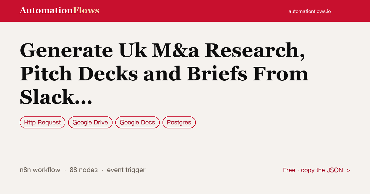 Generate Uk M&a Research, Pitch Decks and Briefs From Slack Using Anthropic… — n8n workflow card showing HTTP Request, Google Drive, Google Docs integration