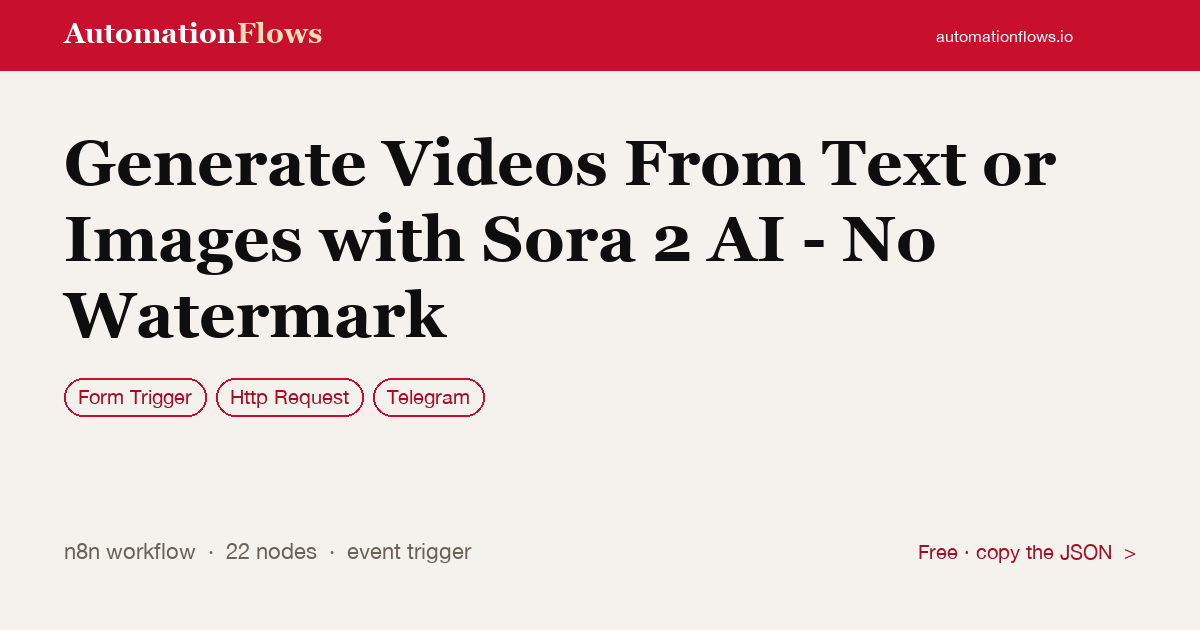Generate AI Videos from Text or Images with Sora 2 — n8n workflow card showing Form Trigger, HTTP Request, Telegram integration