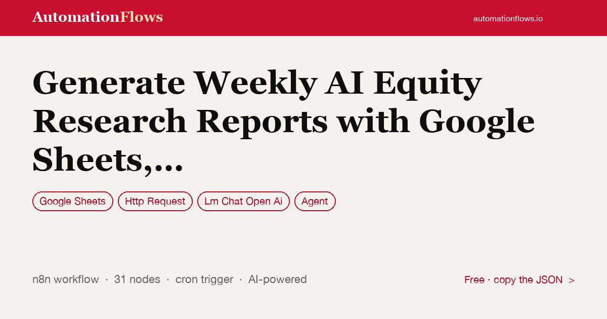 Generate Weekly AI Equity Research Reports with Google Sheets, Fmp, Newsapi,… — n8n workflow card showing Google Sheets, HTTP Request, OpenAI Chat integration