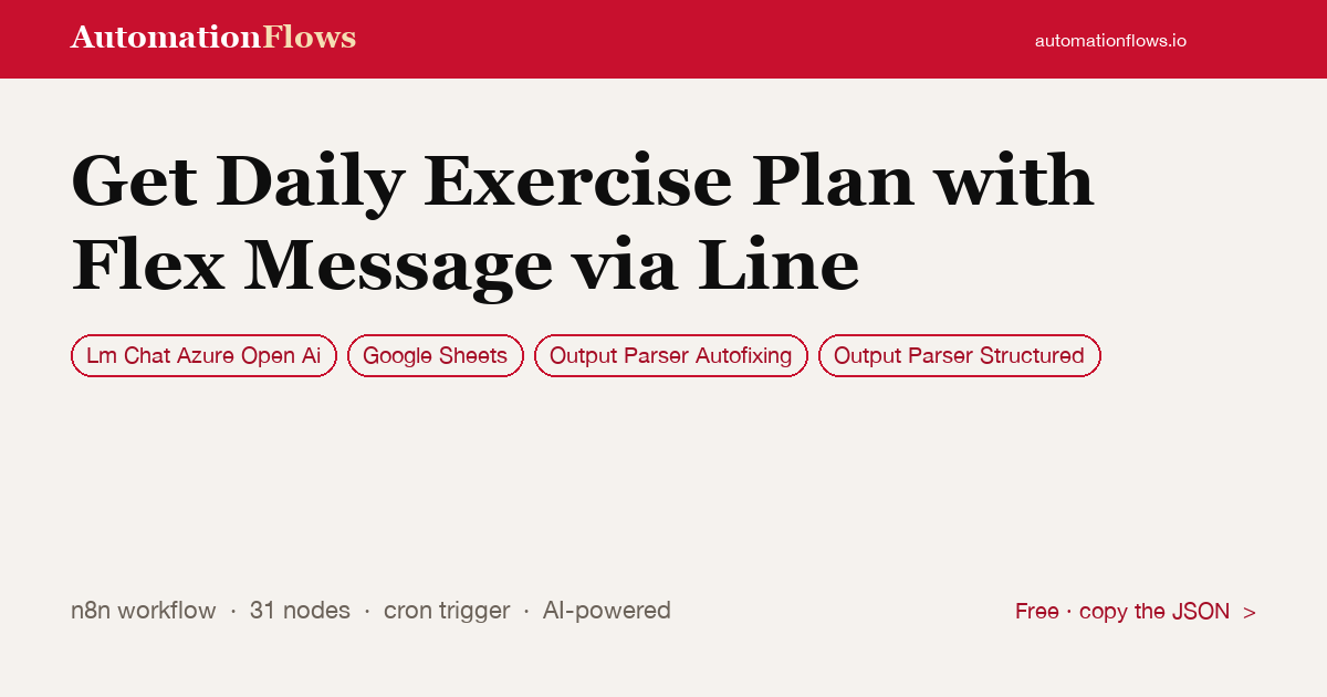 Get Daily Exercise Plan with Flex Message via Line — n8n workflow card showing Lm Chat Azure Open Ai, Google Sheets, Output Parser Autofixing integration