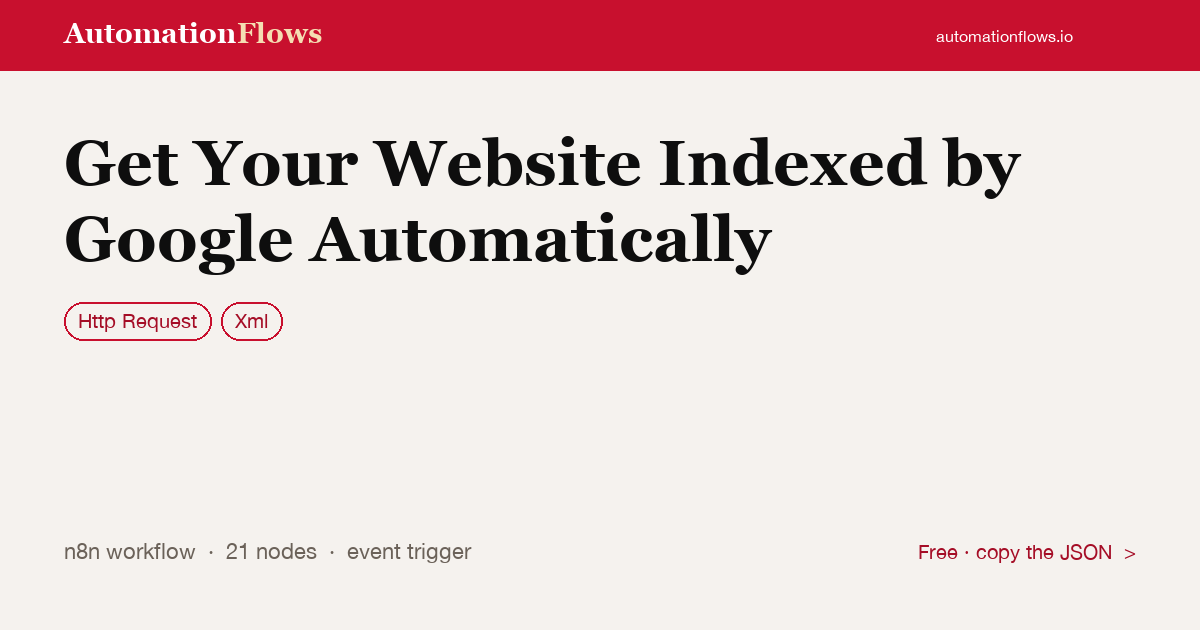 Get Your Website Indexed by Google Automatically — n8n workflow card showing HTTP Request, XML integration