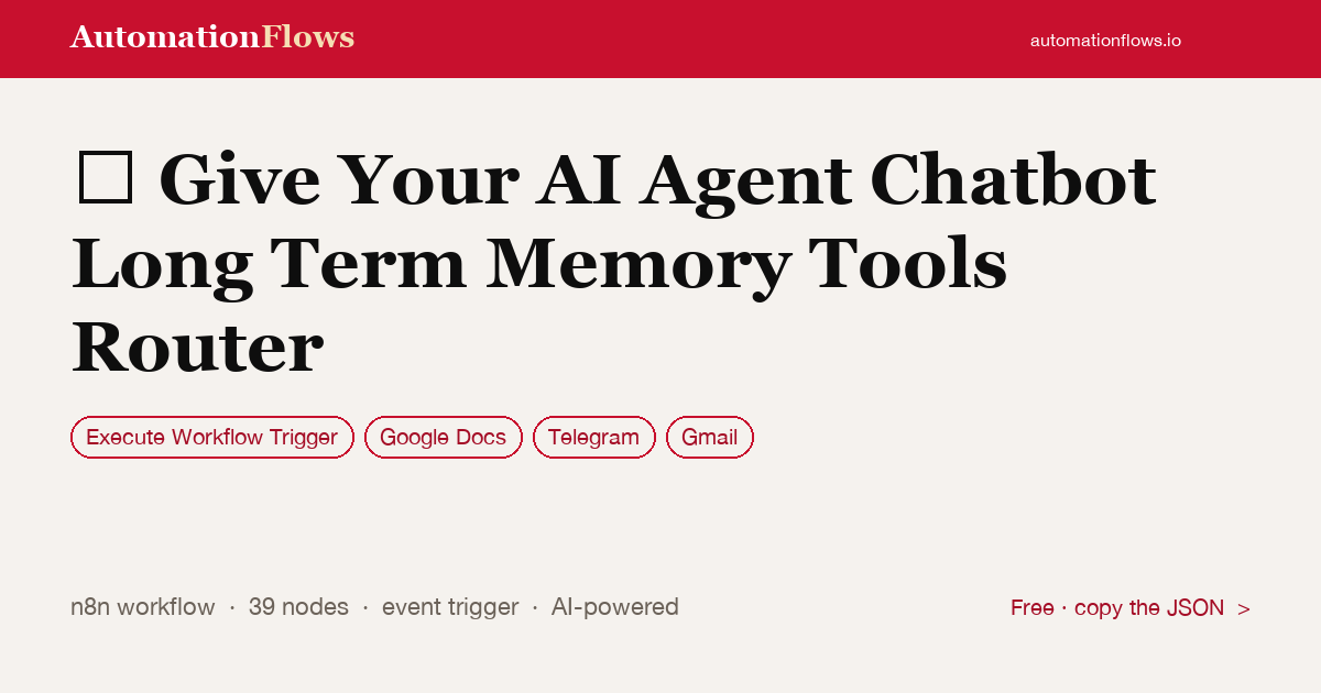 AI Chatbot Long Term Memory Router — n8n workflow card showing Execute Workflow Trigger, Google Docs, Telegram integration