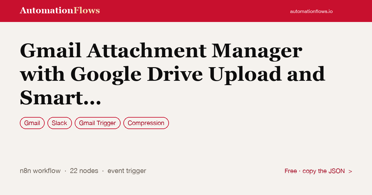 Gmail Attachment Manager with Google Drive Upload and Smart Filtering — n8n workflow card showing Gmail, Slack, Gmail Trigger integration