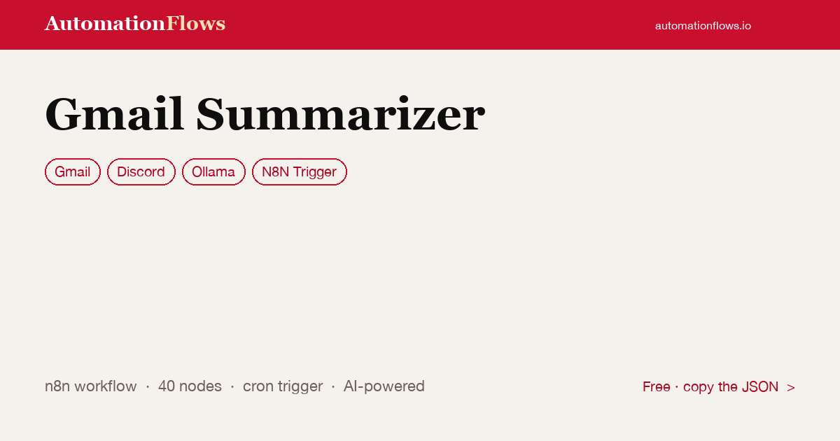 Gmail Summarizer — n8n workflow card showing Gmail, Discord, Ollama integration