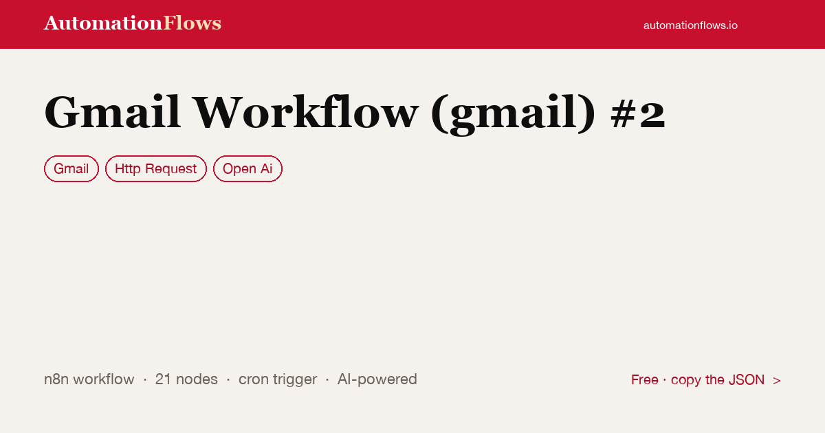 Gmail Workflow (gmail) #2 — n8n workflow card showing Gmail, HTTP Request, OpenAI integration