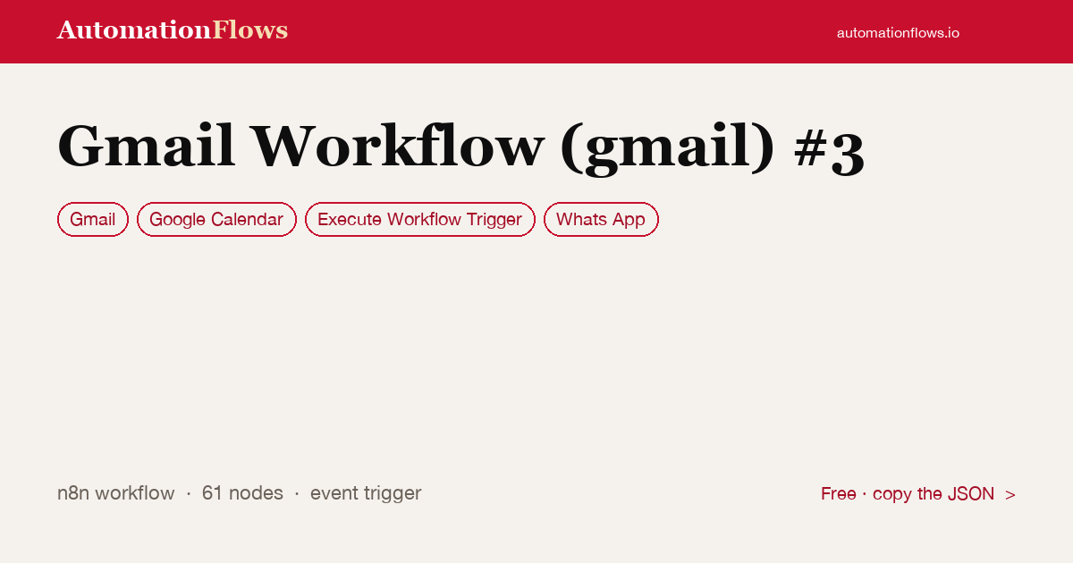 Gmail Workflow (gmail) #3 — n8n workflow card showing Gmail, Google Calendar, Execute Workflow Trigger integration