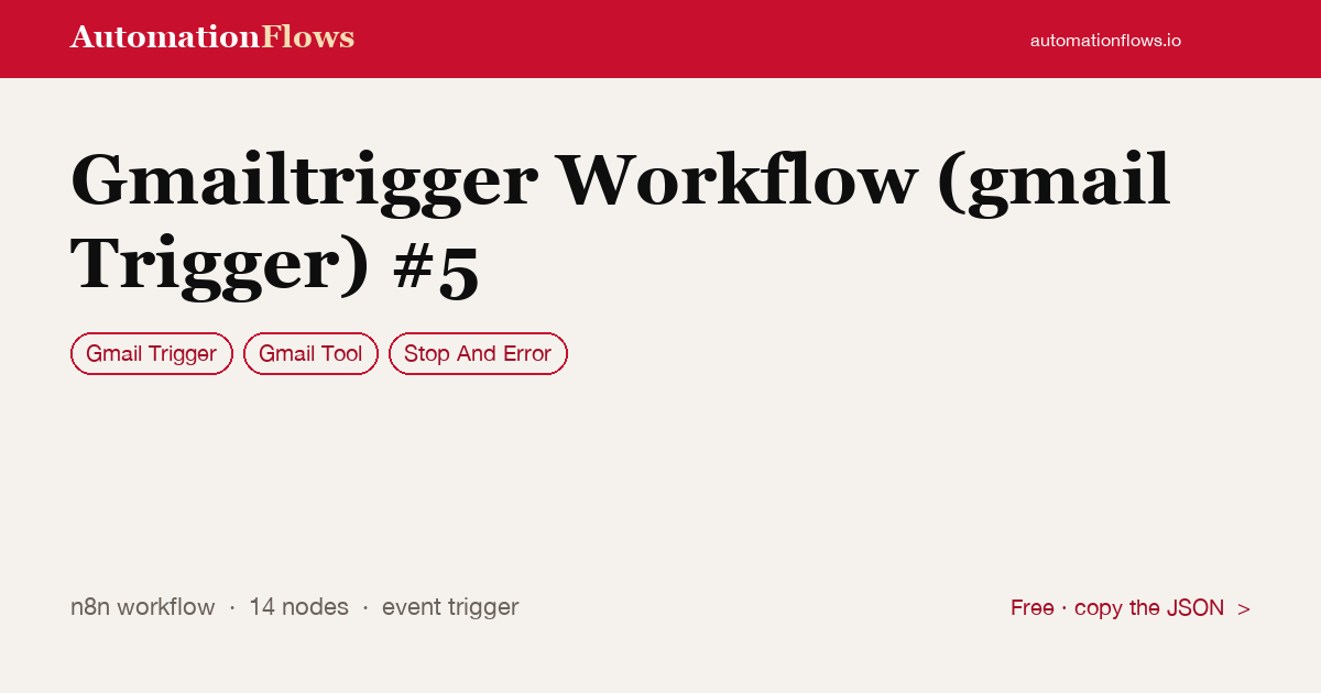 Gmailtrigger Workflow (gmail Trigger) #5 — n8n workflow card showing Gmail Trigger, Gmail Tool, Stop And Error integration