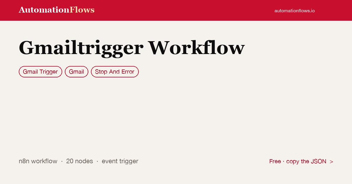 Gmail Auto-Label Messages Workflow — n8n workflow card showing Gmail Trigger, Gmail, Stop And Error integration