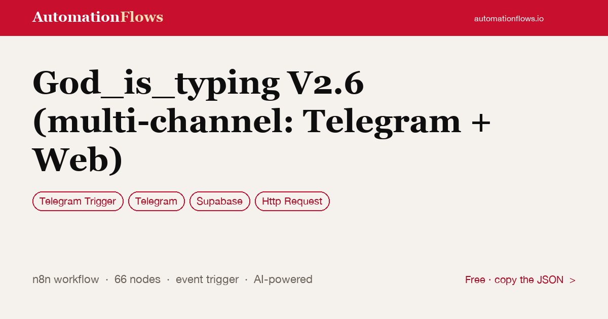 God_is_typing V2.6 (multi-channel: Telegram + Web) — n8n workflow card showing Telegram Trigger, Telegram, Supabase integration