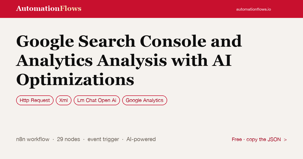 Google Search Console and Analytics AI Analysis — n8n workflow card showing HTTP Request, XML, OpenAI Chat integration