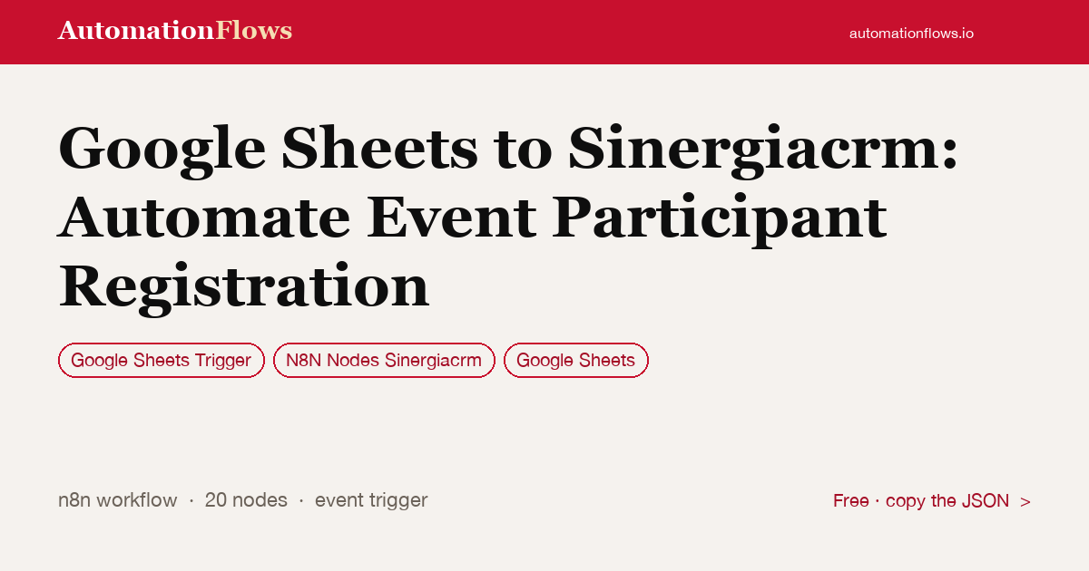 Google Sheets to Sinergiacrm: Automate Event Participant Registration — n8n workflow card showing Google Sheets Trigger, N8N Nodes Sinergiacrm, Google Sheets integration