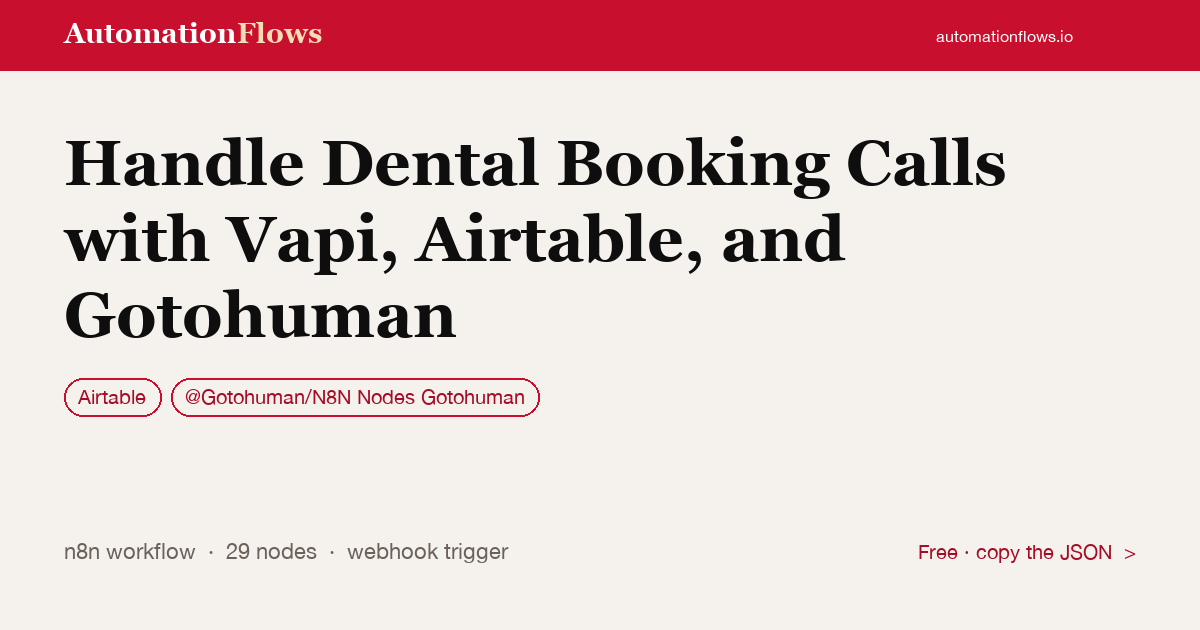 Handle Dental Booking Calls with Vapi, Airtable, and Gotohuman — n8n workflow card showing Airtable, @Gotohuman/N8N Nodes Gotohuman integration