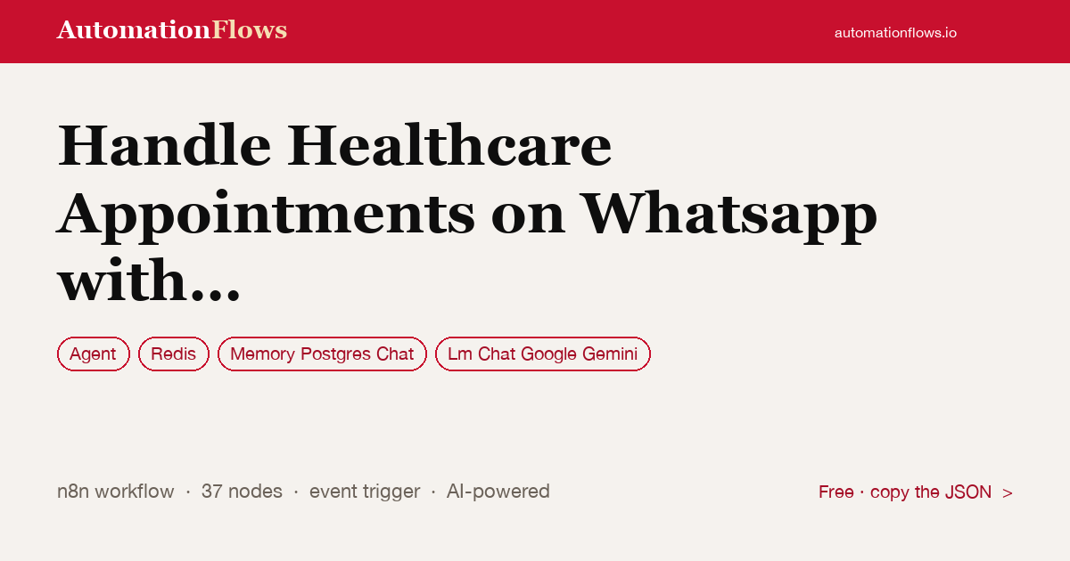 Handle Healthcare Appointments on Whatsapp with Gemini and Google Calendar — n8n workflow card showing Agent, Redis, Memory Postgres Chat integration