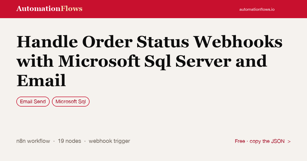 Handle Order Status Webhooks with Microsoft Sql Server and Email — n8n workflow card showing Email Send, Microsoft Sql integration