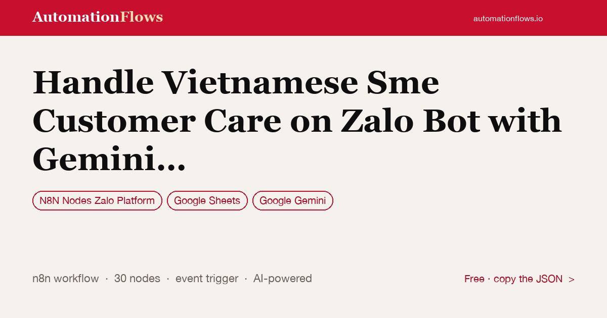 Handle Vietnamese Sme Customer Care on Zalo Bot with Gemini and Google Sheets — n8n workflow card showing N8N Nodes Zalo Platform, Google Sheets, Google Gemini integration