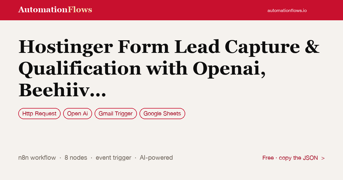 Hostinger Form Lead Capture & Qualification with Openai, Beehiiv & Google Sheets — n8n workflow card showing HTTP Request, OpenAI, Gmail Trigger integration