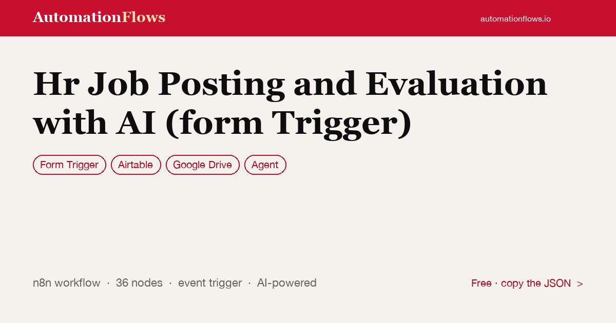 AI-Powered HR Job Posting & Evaluation — n8n workflow card showing Form Trigger, Airtable, Google Drive integration