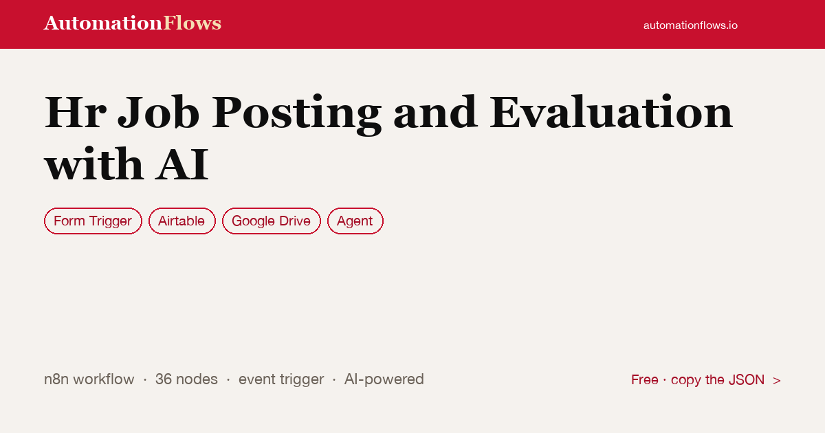 AI-Powered HR Job Posting & Evaluation — n8n workflow card showing Form Trigger, Airtable, Google Drive integration
