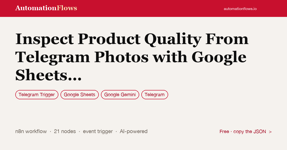 Inspect Product Quality From Telegram Photos with Google Sheets and Gemini — n8n workflow card showing Telegram Trigger, Google Sheets, Google Gemini integration