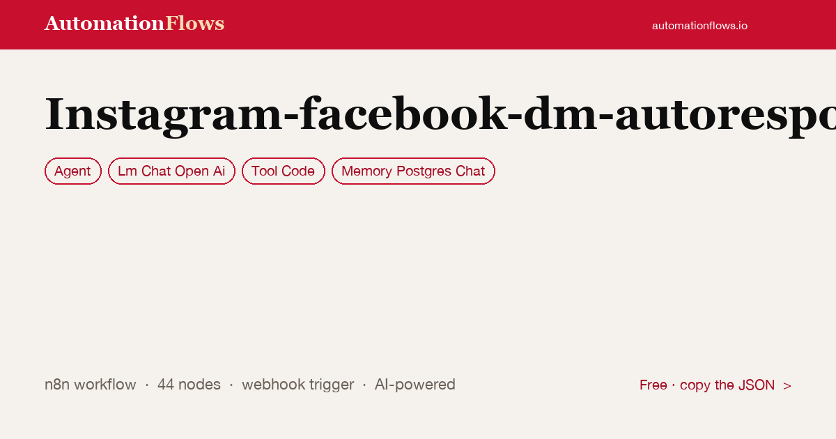 Instagram-facebook-dm-autoresponder.json — n8n workflow card showing Agent, OpenAI Chat, Tool Code integration