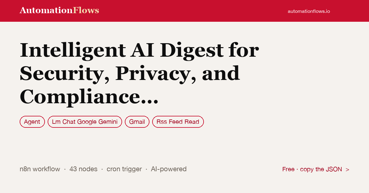 AI Digest for Security, Privacy, and Compliance Feeds — n8n workflow card showing Agent, Google Gemini Chat, Gmail integration