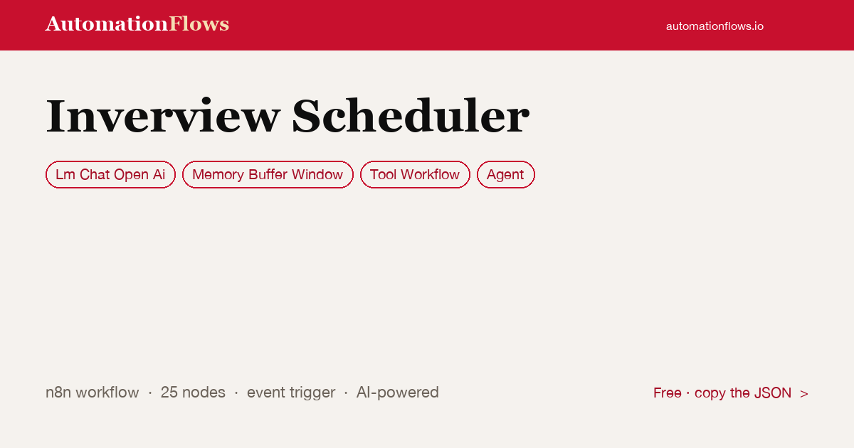 AI Interview Scheduler with Google Calendar — n8n workflow card showing OpenAI Chat, Memory Buffer Window, Tool Workflow integration