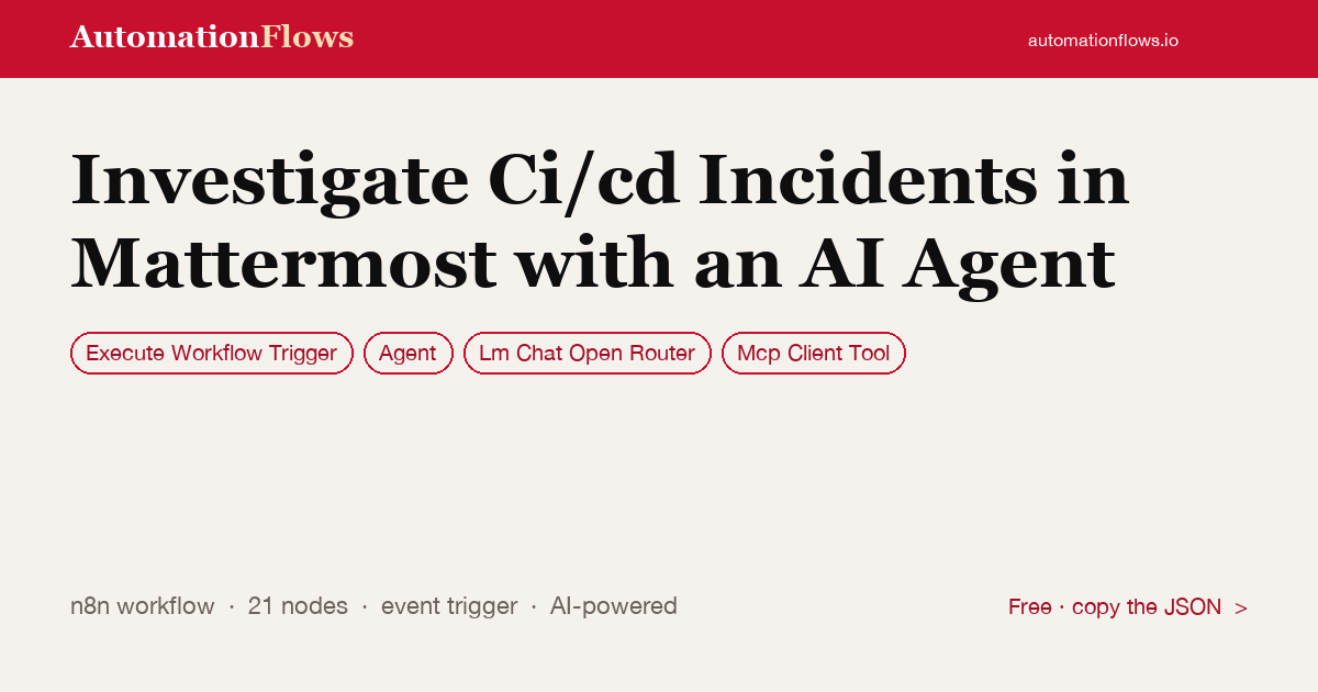 Investigate Ci/cd Incidents in Mattermost with an AI Agent — n8n workflow card showing Execute Workflow Trigger, Agent, OpenRouter Chat integration