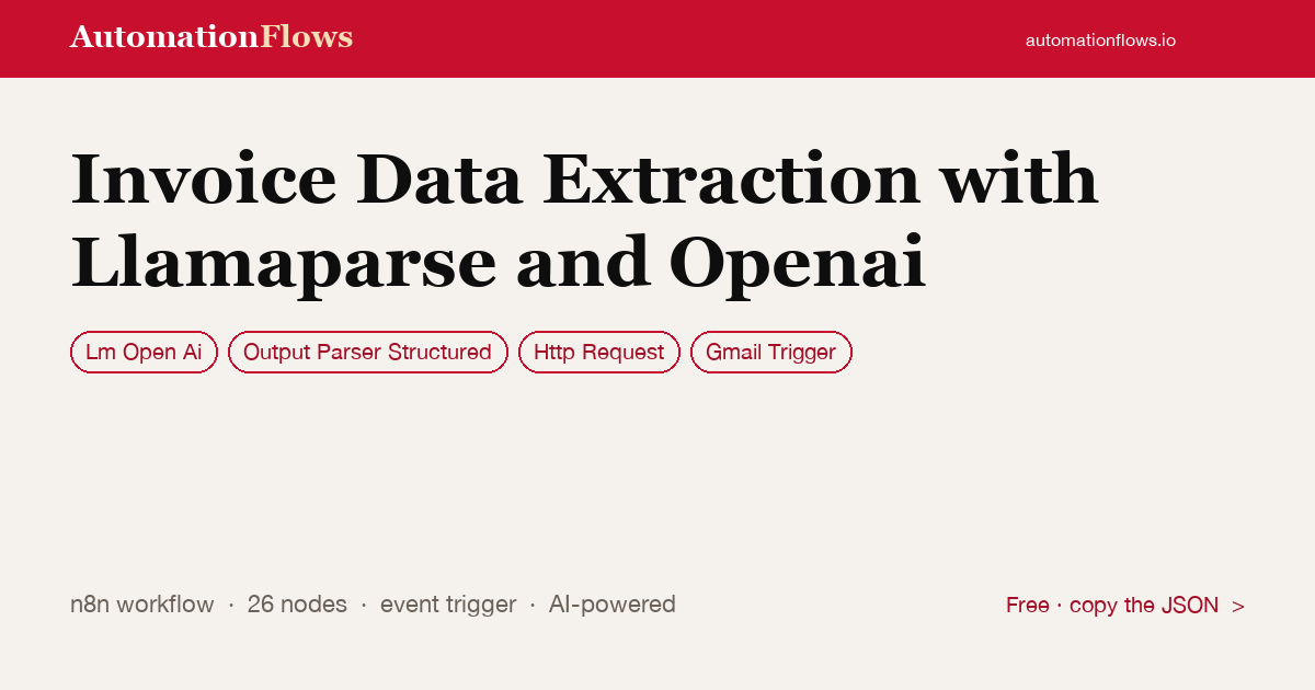 Extract Invoice Data with LlamaParse and OpenAI — n8n workflow card showing Lm Open Ai, Output Parser Structured, HTTP Request integration