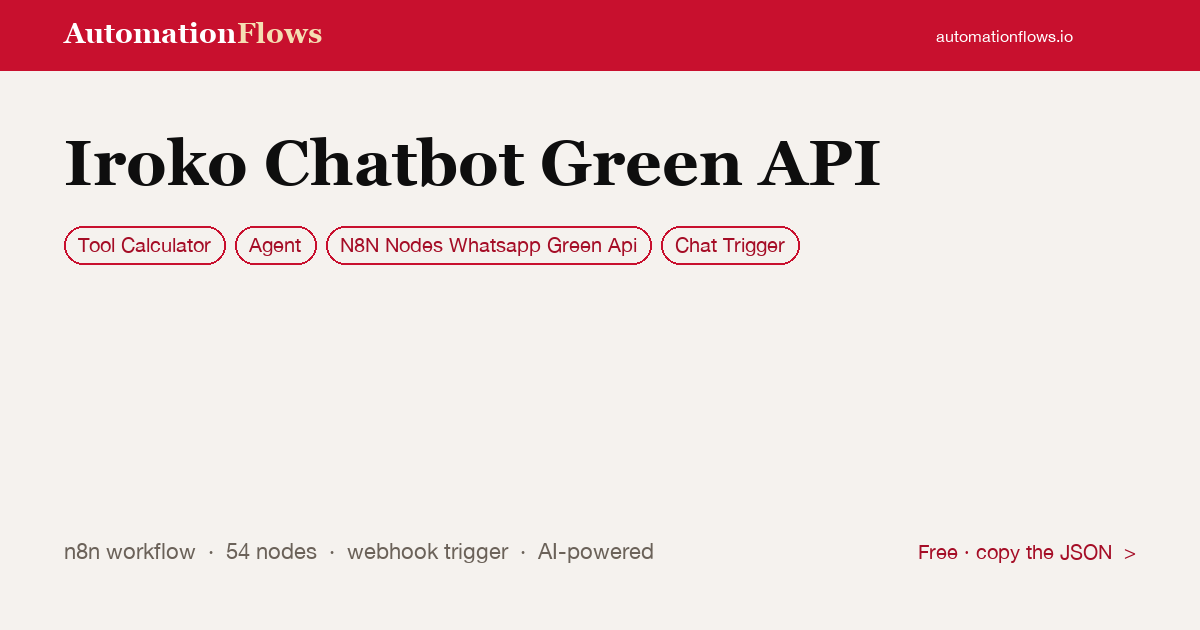 Iroko Chatbot Green API — n8n workflow card showing Tool Calculator, Agent, N8N Nodes Whatsapp Green Api integration