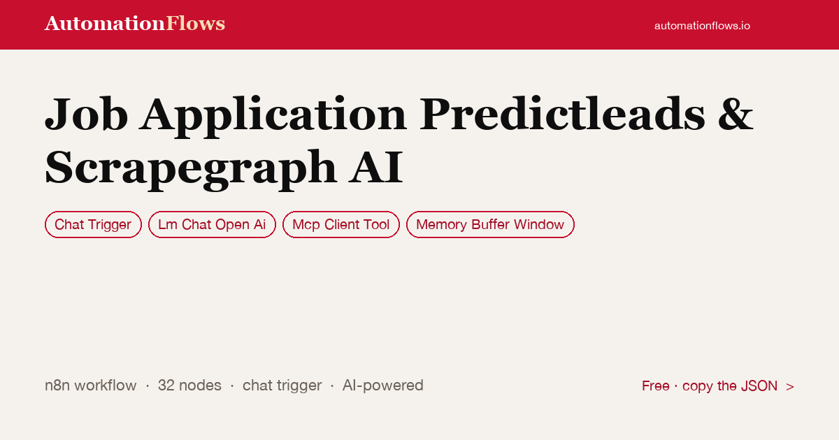 Job Application Predictleads & Scrapegraph AI — n8n workflow card showing Chat Trigger, OpenAI Chat, Mcp Client Tool integration