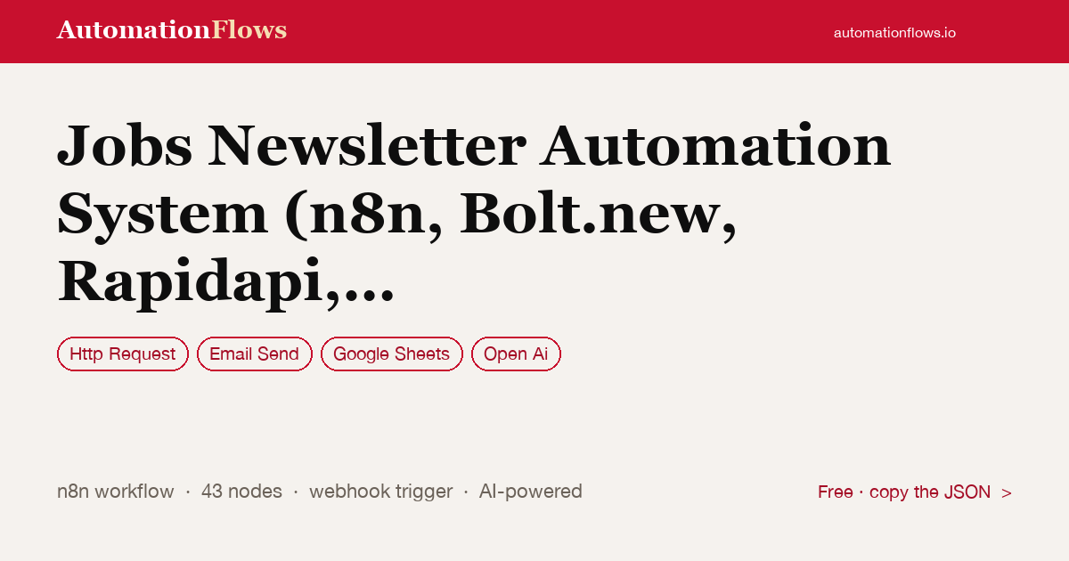 Jobs Newsletter Automation System (n8n, Bolt.new, Rapidapi, Mails.so & Chatgpt) — n8n workflow card showing HTTP Request, Email Send, Google Sheets integration