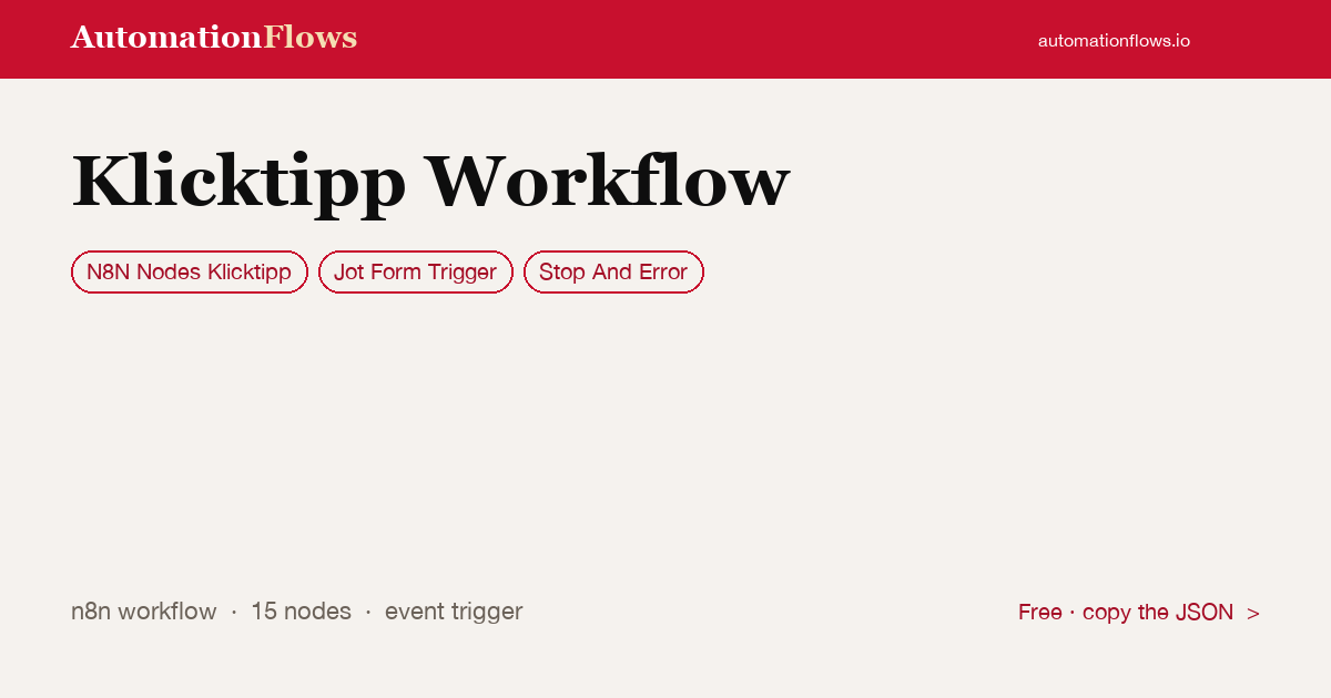 JotForm to KlickTipp: Tag Contacts on Webinar Booking — n8n workflow card showing N8N Nodes Klicktipp, Jot Form Trigger, Stop And Error integration