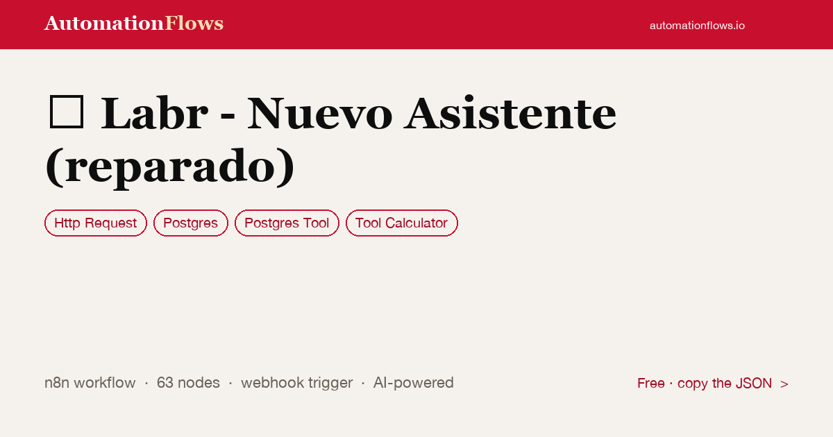 Labr - Nuevo Asistente (reparado) — n8n workflow card showing HTTP Request, Postgres, Postgres Tool integration