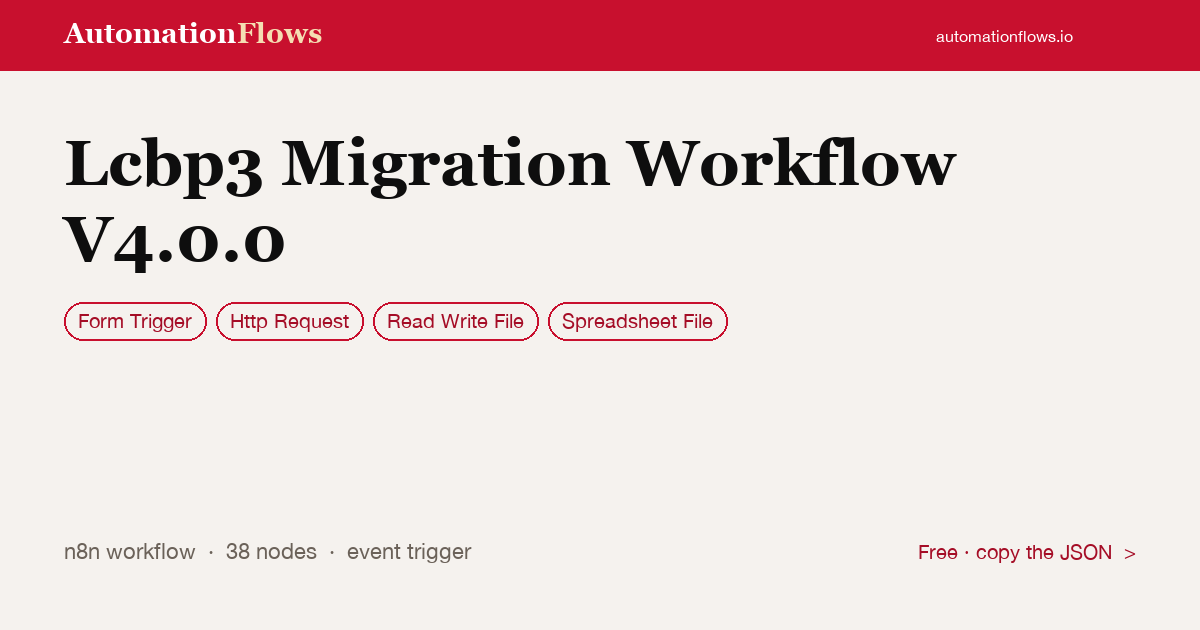 Lcbp3 Migration Workflow V4.0.0 — n8n workflow card showing Form Trigger, HTTP Request, Read Write File integration