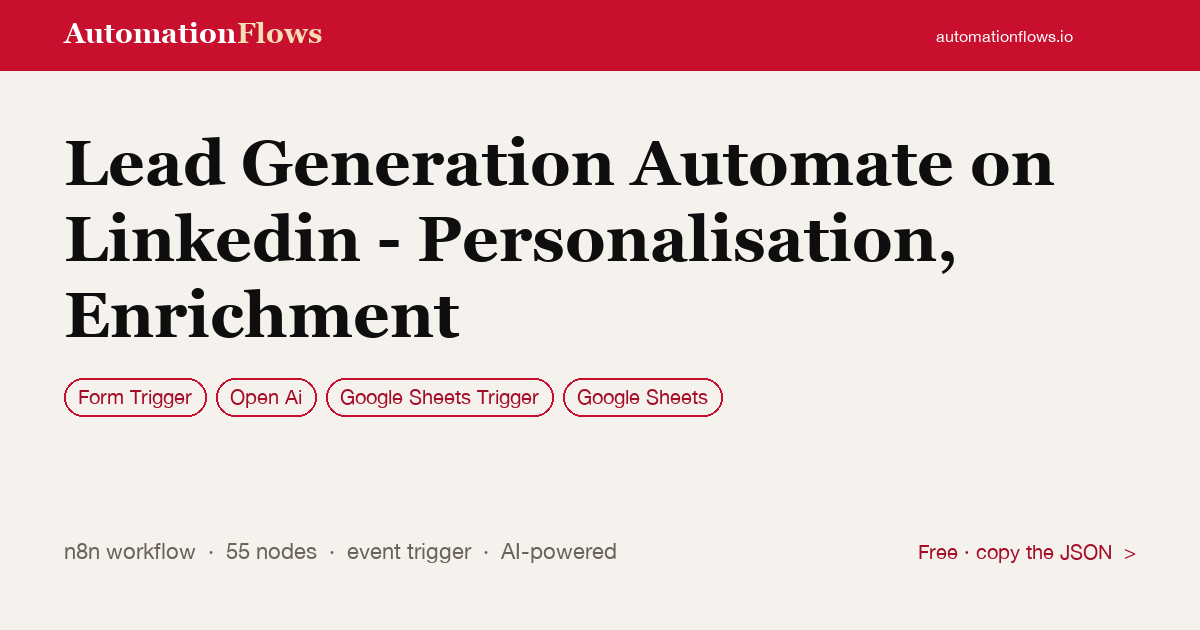 Lead Generation Automate on Linkedin - Personalisation, Enrichment — n8n workflow card showing Form Trigger, OpenAI, Google Sheets Trigger integration
