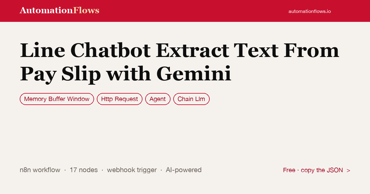 LINE Chatbot: Extract Payslip Text with Gemini — n8n workflow card showing Memory Buffer Window, HTTP Request, Agent integration