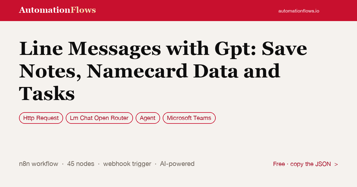Line Messages with Gpt: Save Notes, Namecard Data and Tasks — n8n workflow card showing HTTP Request, OpenRouter Chat, Agent integration