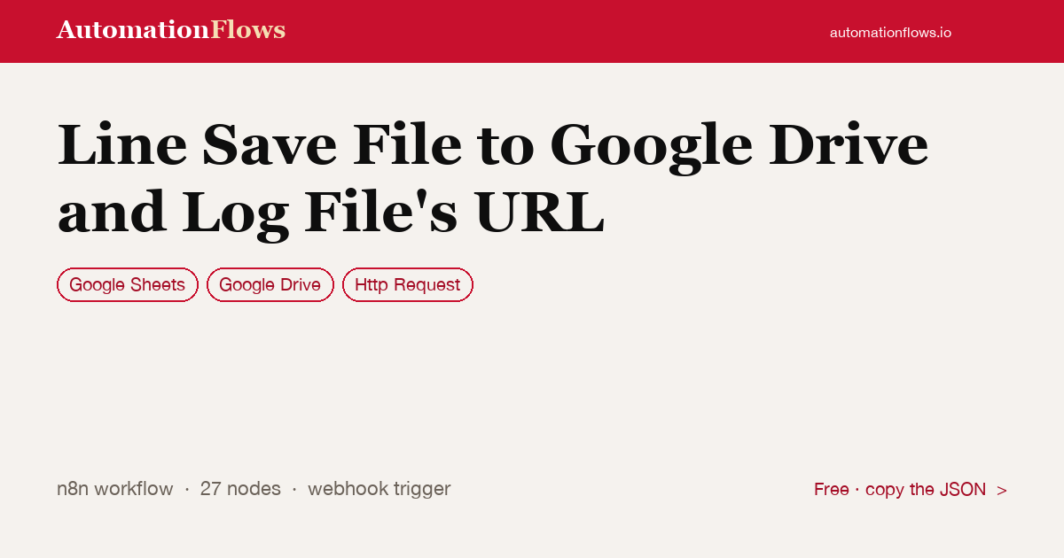 Webhook to Google Drive File Save & URL Log — n8n workflow card showing Google Sheets, Google Drive, HTTP Request integration