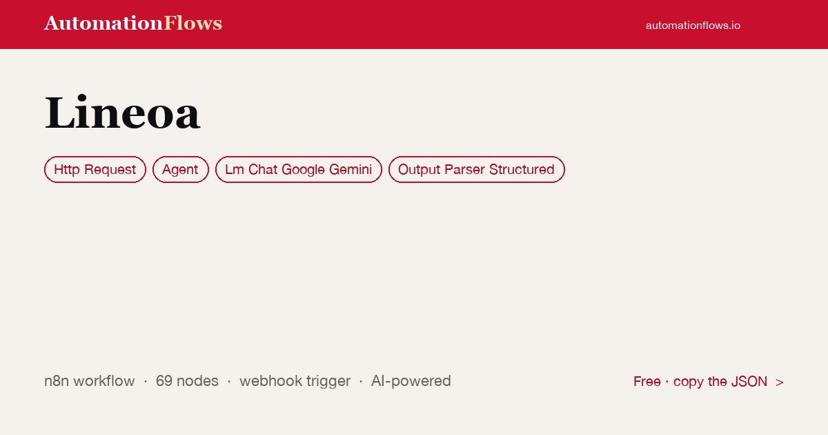 Lineoa — n8n workflow card showing HTTP Request, Agent, Google Gemini Chat integration