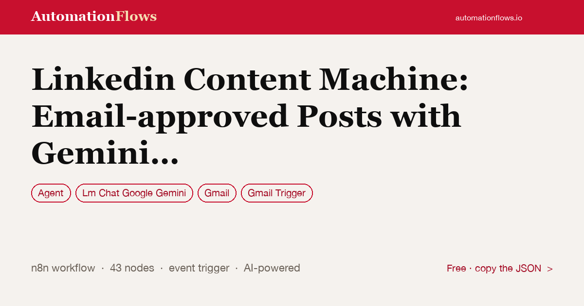 Linkedin Content Machine: Email-approved Posts with Gemini AI — n8n workflow card showing Agent, Google Gemini Chat, Gmail integration