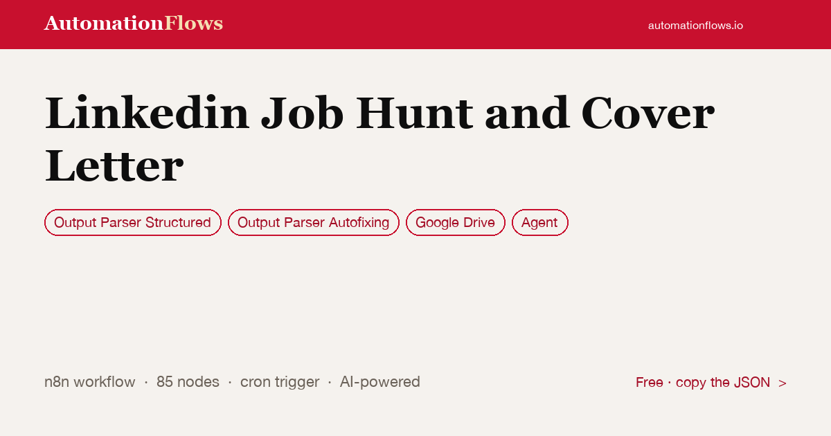 Automated LinkedIn Job Hunt & Cover Letters — n8n workflow card showing Output Parser Structured, Output Parser Autofixing, Google Drive integration